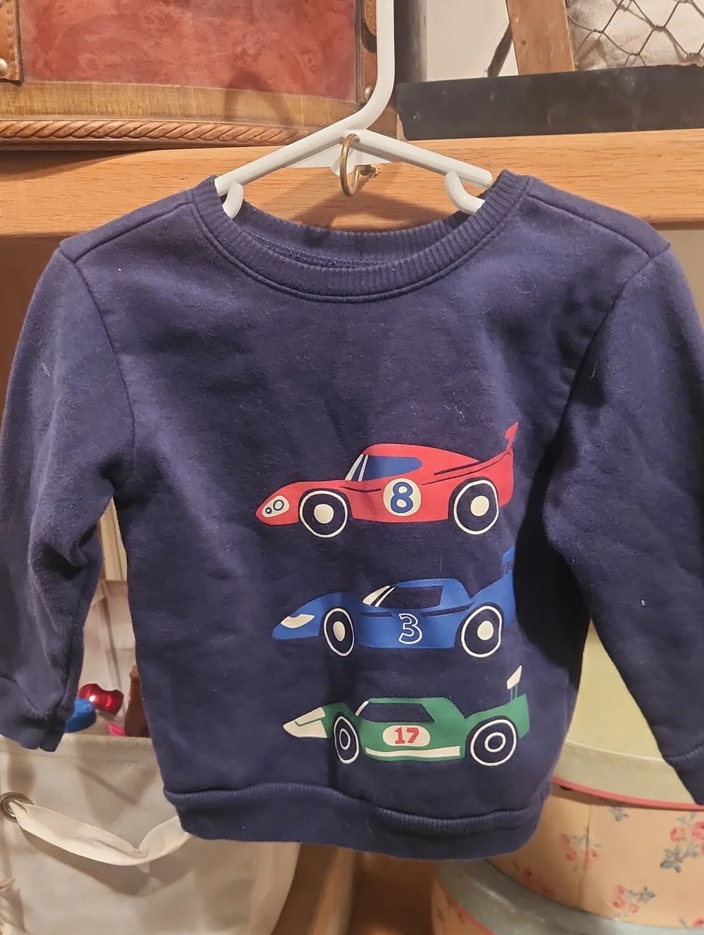 Kids Navy Sweatshirt with Red, Blue & Green Race Cars